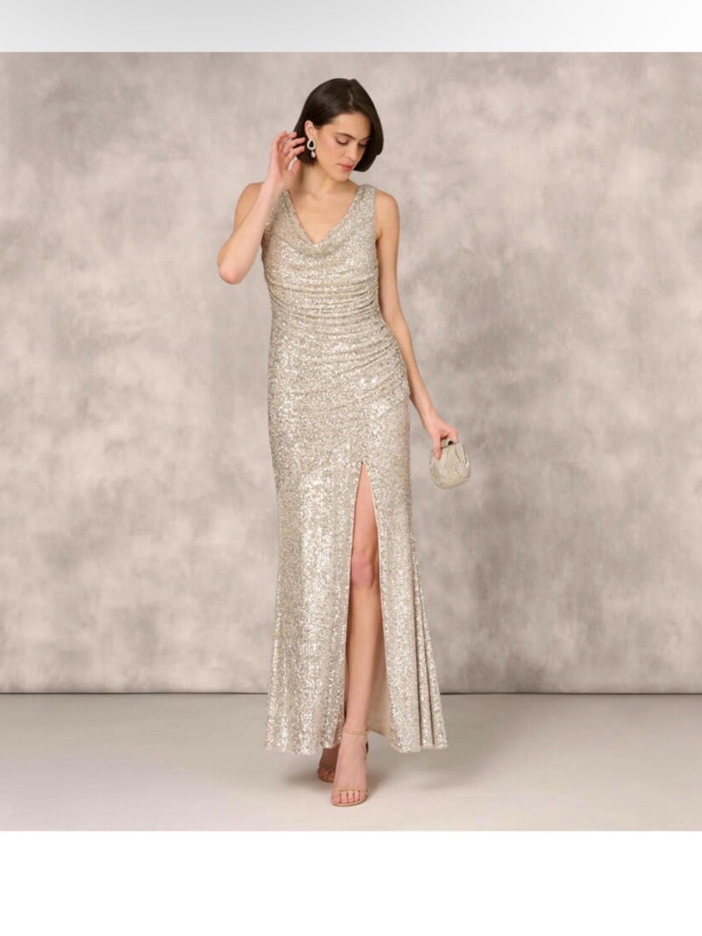 Aidan Mattox Size 12 NWT Champagne Sequin Ruched Formal Evening Gown GALA MOB